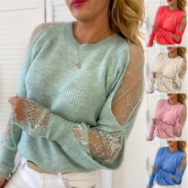 Fashion Solid Color Round Neck Lace Spliced Long Sleeve Knitted Top