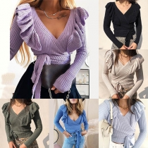 Sexy Deep V-neck Long Sleeve Solid Color Ruffle Knitted Top