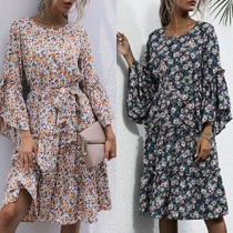 Fresh Style Trumpet Sleeve Round Neck Printed Dress