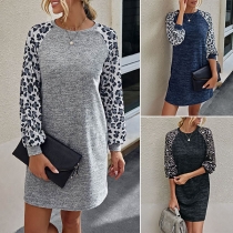 Fashion Leopard Printed Spliced Long Sleeve Round Neck Dress