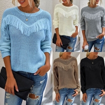 Fashion Solid Color Round Neck Long Sleeve Tassel Sweater