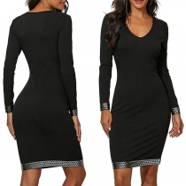 Fashion Sequin Spliced Long Sleeve V-neck Slim Fit Dress