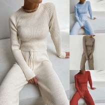 Fashion Solid Color Long Sleeve Knit Top + Wide-leg Pants Two-piece Set