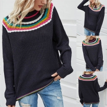 Fashion Contrast Color Long Sleeve Round Neck Sweater