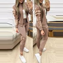 Fashion Sequin Spliced Long Sleeve Sweatshirt Coat + Pants Two-piece Set