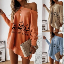 Fashion Pumpkin Printed Long Sleeve Round Neck Sweatshirt