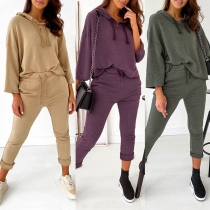 Fashion Solid Color Long Sleeve Hooded Sweatshirt + Pants Two-piece Set