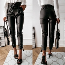 Fashion Solid Color High Waist Slim Fit PU Leather Pants