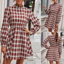 Retro Style Long Sleeve Mock Neck Plaid Dress
