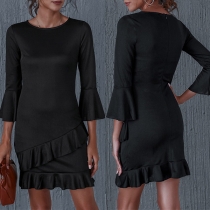 Fashion Solid Color 3/4 Trumpet Sleeve Round Neck Ruffle Hem Dress