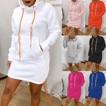 Fashion Solid Color Hooded Lace-up Hem Sweatshirt Dress
