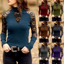 Sexy Lace Spliced Long Sleeve Mock Neck Slim Fit T-shirt