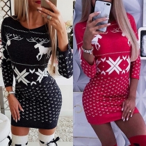 Fashion Long Sleeve Round Neck Christmas Printed Slim Fit Dress