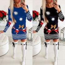 Round Neck Christmas Printed Long Sleeve Dress