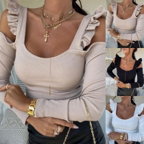Sexy Off-shoulder Long Sleeve Solid Color Ruffle Sling Top