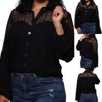 Sexy Lace Spliced Puff Sleeve POLO Collar Solid Color Top