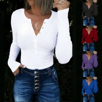 Simple Style Long Sleeve V-neck Solid Color Slim Fit T-shirt