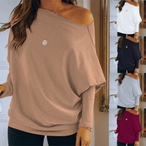 Fashion Solid Color Oblique Shoulder Pullover Bat Sleeve Knitted Top