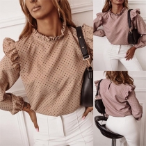 Sweet Style Ruffle Stand Collar Long Sleeve Dots Printed Top(The size runs small.)