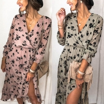 Sexy V-neck Slit Hem Long Sleeve Printed Dress