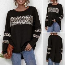 Loose Round Neck Leopard Printed Spliced Long Sleeve Top