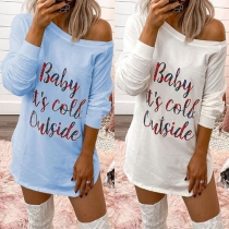 Solid Color Round Neck Letter Printed Long Sleeve Dress