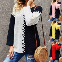 Fashion Contrast Color Round Neck Long Sleeve Lace-up Knitted Top