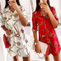 Fashion Long Sleeve POLO Collar Printed Shirt Dress