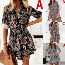 OL Style Long Sleeve POLO Collar Printed Shirt Dress