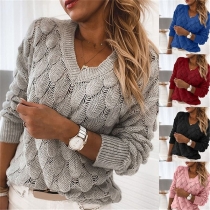 Fashion Solid Color V-Neck Long Sleeve Knitted Top