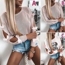 Fashion Hollow Out Bow-knot Long Sleeve Round Neck Knitted Top