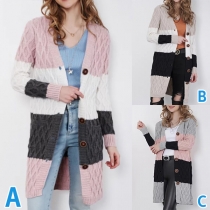 Fashion Contrast Color Long Sleeve V-neck Knit Cardigan