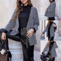 Elegant Style Long Sleeve V-neck Plaid Woolen Cardigan Coat