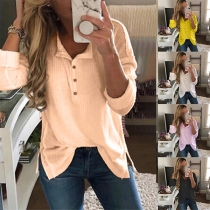 Fashion Solid Color Long Sleeve V-neck Slit Hem T-shirt