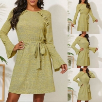 Sweet Style Trumpet Sleeve Round Neck Ruffle Dress