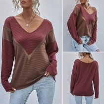 Sexy V-neck Contrast Color Hollow Out Knitted Top