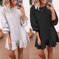 Solid Color Round Neck Ruffle Hem Long Sleeve Dress (Size falls small)