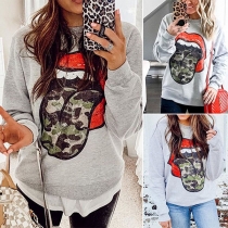 Chic Style Lip Printed Long Sleeve Round Neck Sweatshirt