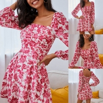 Sexy Square Collar Long Sleeve High Waist Printed Dress