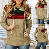 Fashion Contrast Color Striped Spliced Hooded Sweatshirt