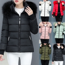 Solid Color Detachable Faux Fur Collar Spliced Hooded Padded Coat