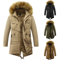 Solid Color Faux Fur Spliced Hooded Plush Lining Warm Padded Coat