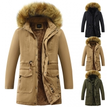 Solid Color Hooded Plush Lining Drawstring Waist Man's Warm Padded Coat
