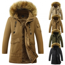 Fashion Solid Color Faux Fur Spliced Hooded Plush Lining Man's Padded Coat
