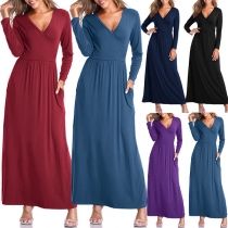 Sexy V-neck Long Sleeve High Waist Solid Color Dress