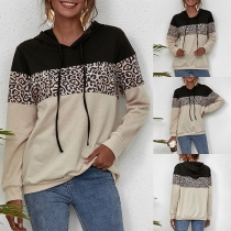 Fashion Contrast Color Leopard Spliced Long Sleeve Hooded Sweatshirt