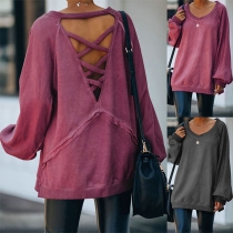 Solid Color Round Neck Backless Long Sleeve Loose Sweatshirt