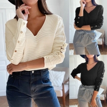 Solid Color V-neck Button Long Sleeve Top