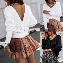 Loose Solid Color V-neck Backless Drawstring Long Sleeve Top