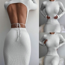 Sexy Backless Long Sleeve Round Neck Slim Fit Dress